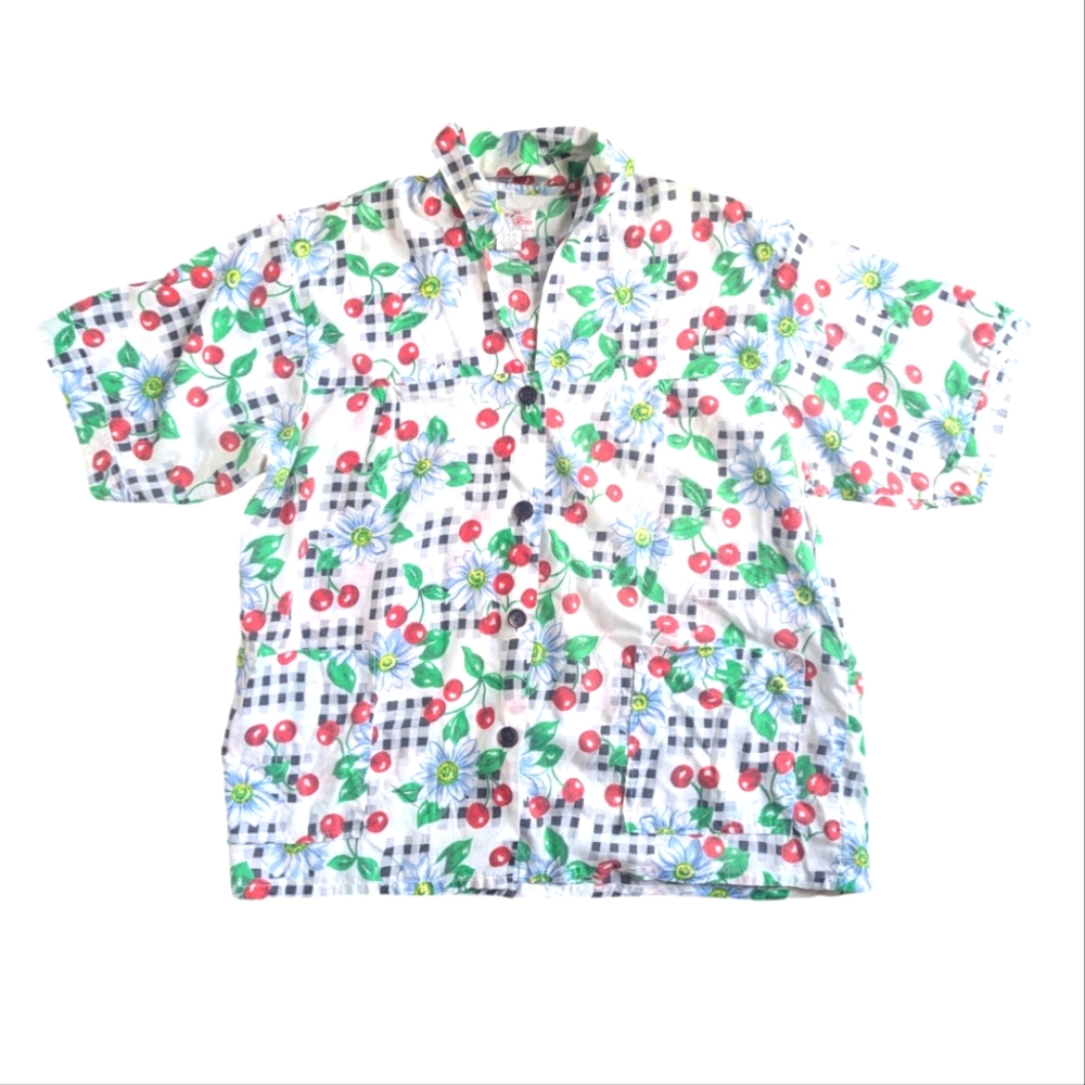 Vintage Fruit Button up Blouse Cotton Cherry Floral Village Fair Swim Cover